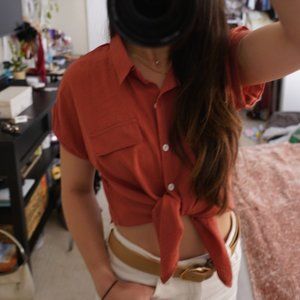 Coral Collared Crop Top Button Down Tie Shirt